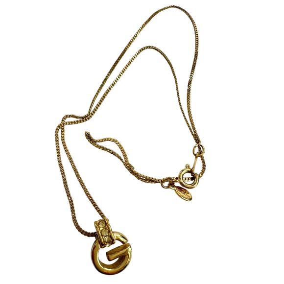 Vintage Givenchy Rounded "G" Necklace Gold Plated w Rhinestones - Picture 4 of 12